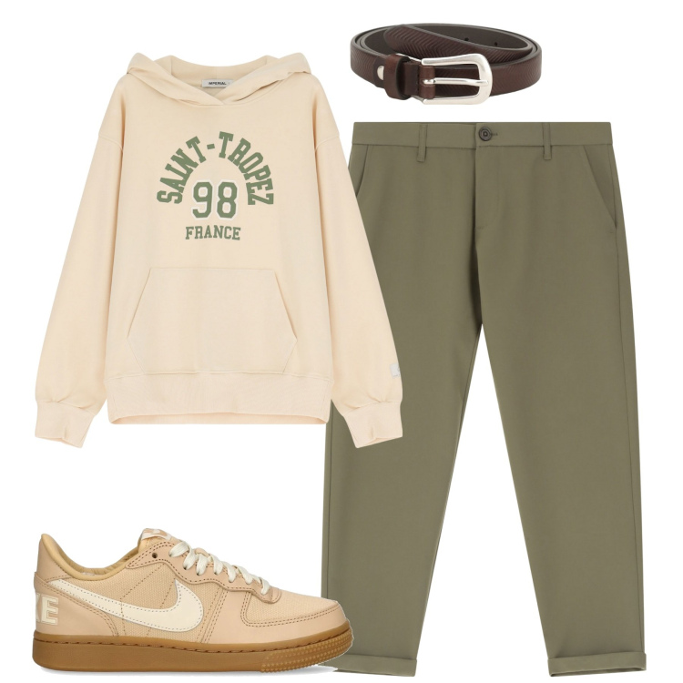 Outfit uomo - City. Stile Casual per Tutti i giorni. Abbinamento con pantaloni chino, cinture, felpe con cappuccio, sneakers.