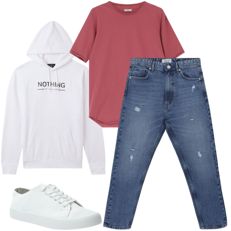 Outfit uomo - Dettagli bianchi. Stile Casual per Tutti i giorni. Abbinamento con felpe con cappuccio, sneakers, jeans strappati, t-shirt.