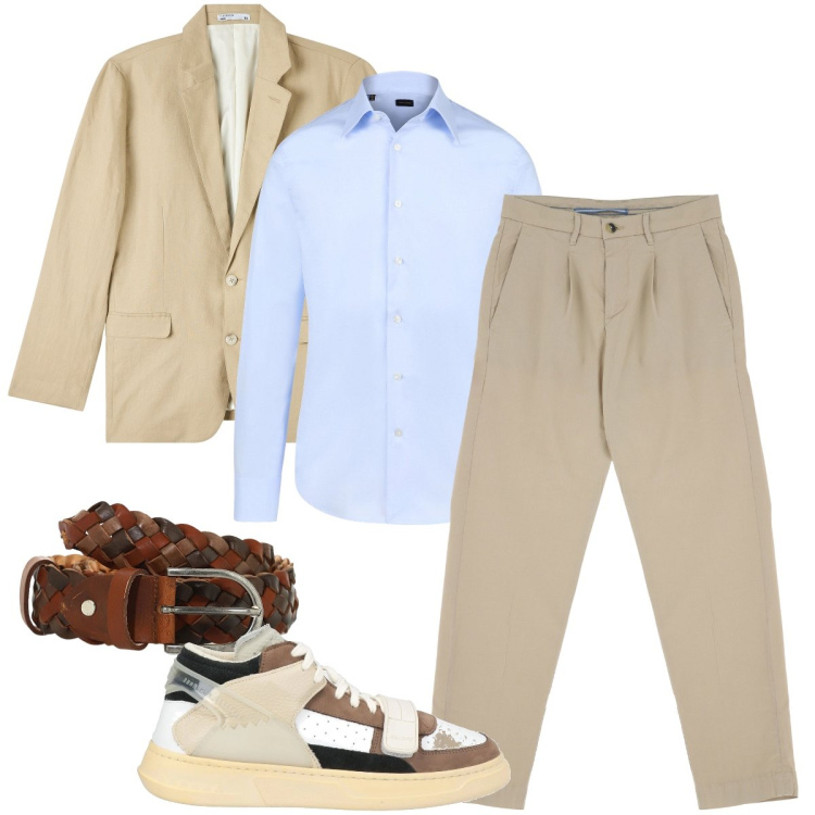 Outfit uomo - Con le sneakers alte. Stile Trendy per Ufficio. Abbinamento con sneakers alte, giacche, pantaloni chino, cinture, camicie.