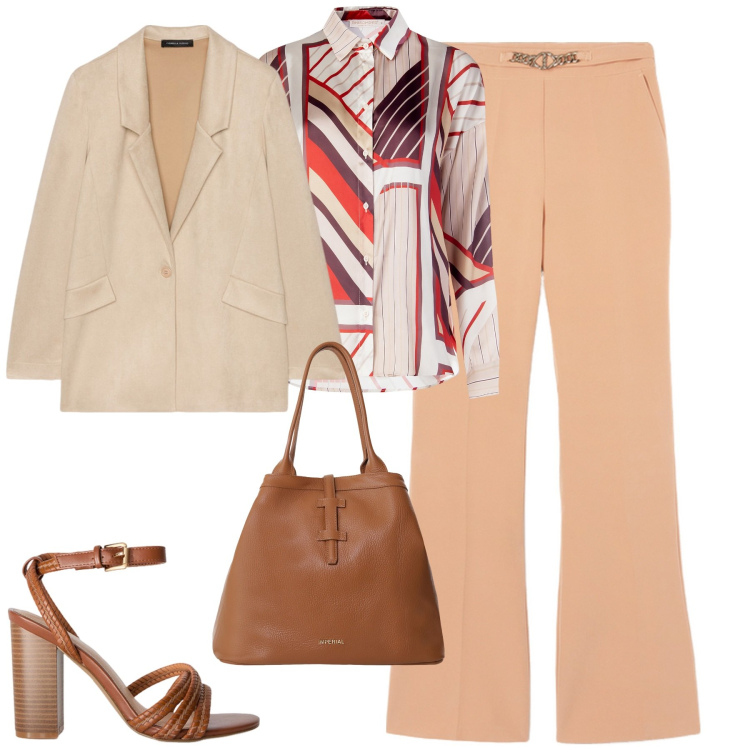 Outfit donna - City. Stile Urban per Tutti i giorni. Abbinamento con camicie, borse tote, blazer, pantaloni, sandali col tacco.