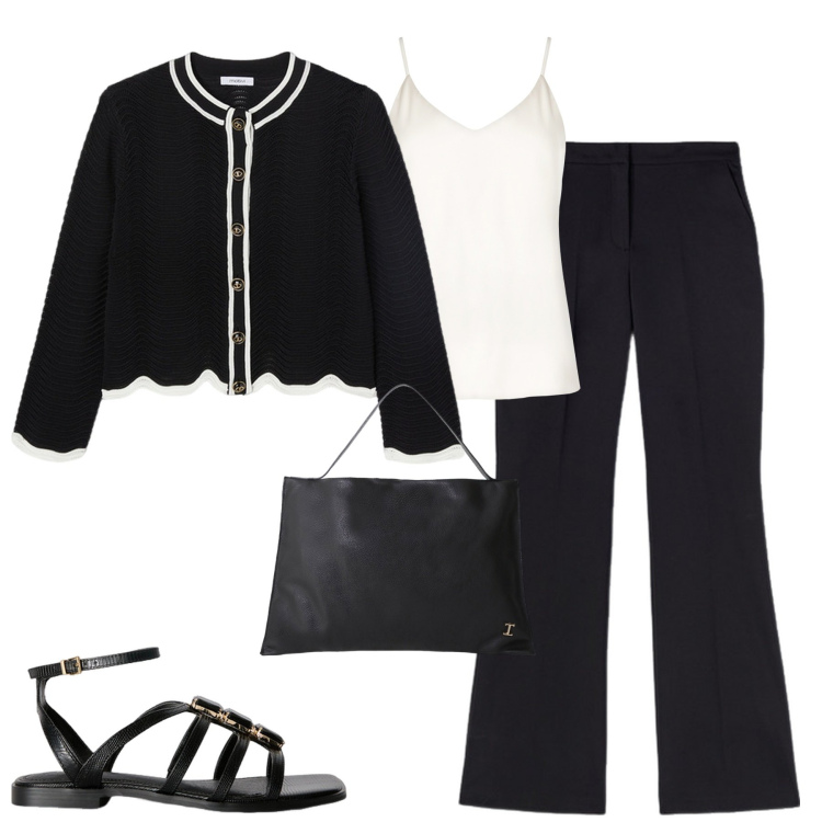 Outfit donna - Total look #2101857. Stile Urban per Tutti i giorni. Abbinamento con top, borse a spalla, pantaloni, cardigans, sandali gioiello.
