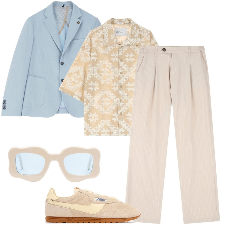 Outfit uomo - Il blazer a contrasto. Stile Trendy per Ufficio. Abbinamento con pantaloni, camicie a manica corta, giacche, occhiali da sole, sneakers.