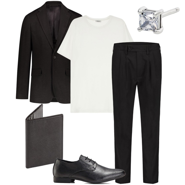 Outfit uomo - Con la t-shirt. Stile Business/Elegante per Cerimonia. Abbinamento con scarpe stringate, orecchini, t-shirt, giacche, pantaloni, portafogli.