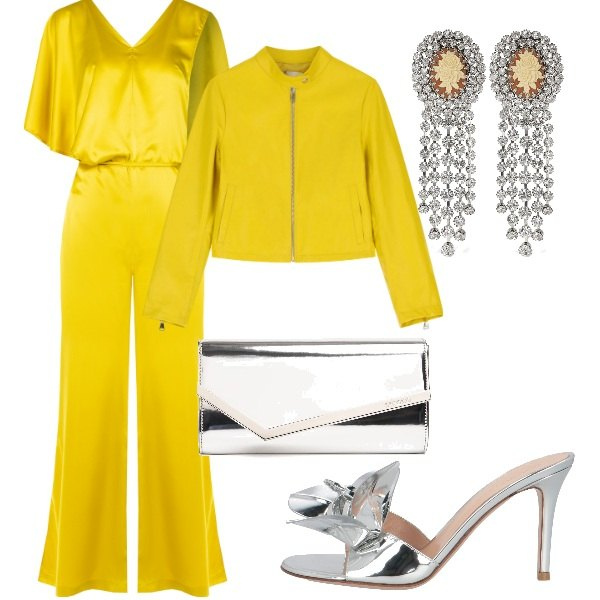 Outfit donna - Matrimonio in vista. Stile Glamour per Cerimonia. Abbinamento con sandali in pelle, tute, giacche, orecchini, pochette.