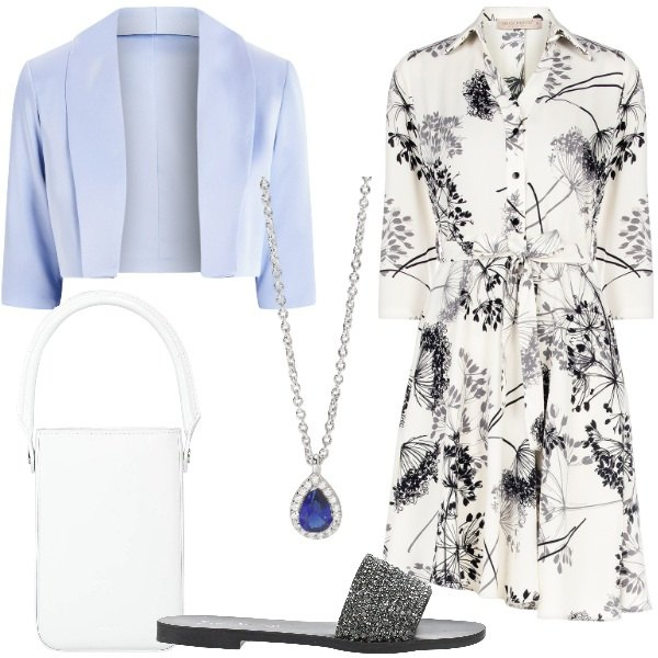 Outfit donna - Stampe floreali rivisitate. Stile Glamour per Cerimonia. Abbinamento con borse a mano, sandali in pelle, collane, vestiti chemisier, bolero.