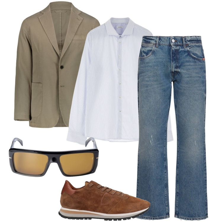 Outfit uomo - Le sneakers scamosciate. Stile Trendy per Ufficio. Abbinamento con sneakers, camicie, giacche, occhiali da sole, jeans.