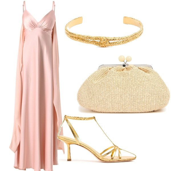 Outfit donna - Matrimonio in rosa. Stile Glamour per Cerimonia. Abbinamento con vestiti lunghi, collane, sandali in pelle, pochette.