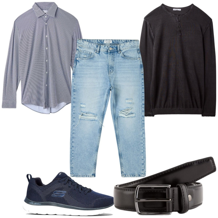 Outfit uomo - Total look #2101875. Stile Casual per Tutti i giorni. Abbinamento con sneakers, jeans strappati, maglieria, camicie, cinture.