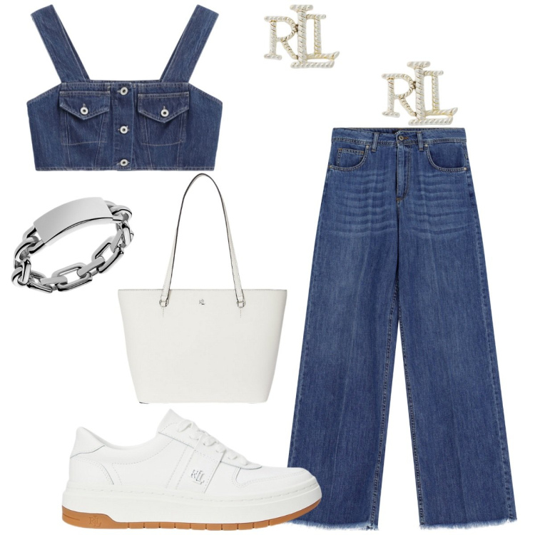 Outfit donna - Saldi. Stile Basic per Tutti i giorni. Abbinamento con top, jeans, anelli, orecchini, sneakers, borse tote.