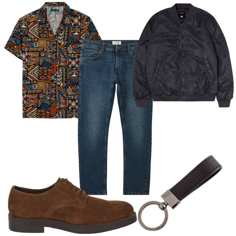Outfit uomo - Total look #2101883. Stile Trendy per Tutti i giorni. Abbinamento con jeans, bomber, camicie a manica corta, scarpe stringate, portachiavi.