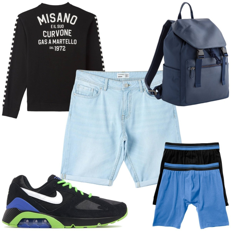 Outfit uomo - Total look #2101885. Stile Trendy per Tutti i giorni. Abbinamento con boxer, felpe, bermuda, sneakers, borse sportive.