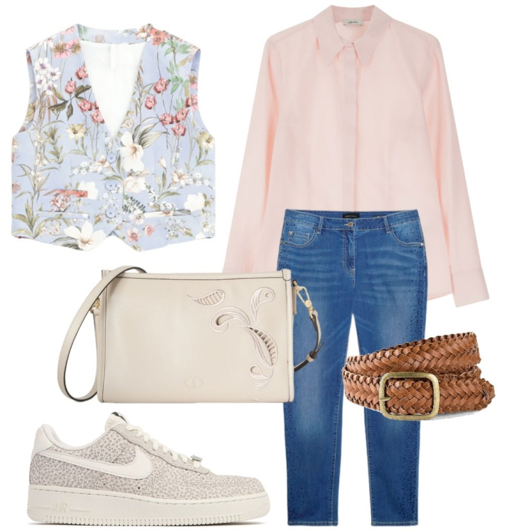 Outfit donna - Il gilet fiorito. Stile Casual chic per Ufficio. Abbinamento con cinture, gilet, camicie, jeans skinny, sneakers, borse a tracolla.