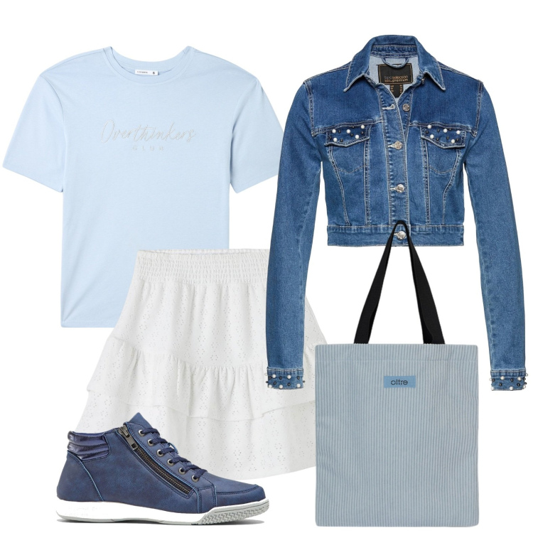 Outfit donna - Bolero in jeans con perle. Stile Casual chic per Tutti i giorni. Abbinamento con sneakers alte, blazer, minigonne, t-shirt, shopping bag.