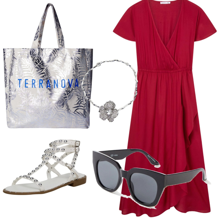 Outfit donna - Tutti i giorni. Stile Casual per Tutti i giorni. Abbinamento con occhiali da sole, borse tote, vestiti lunghi, sandali, collane.