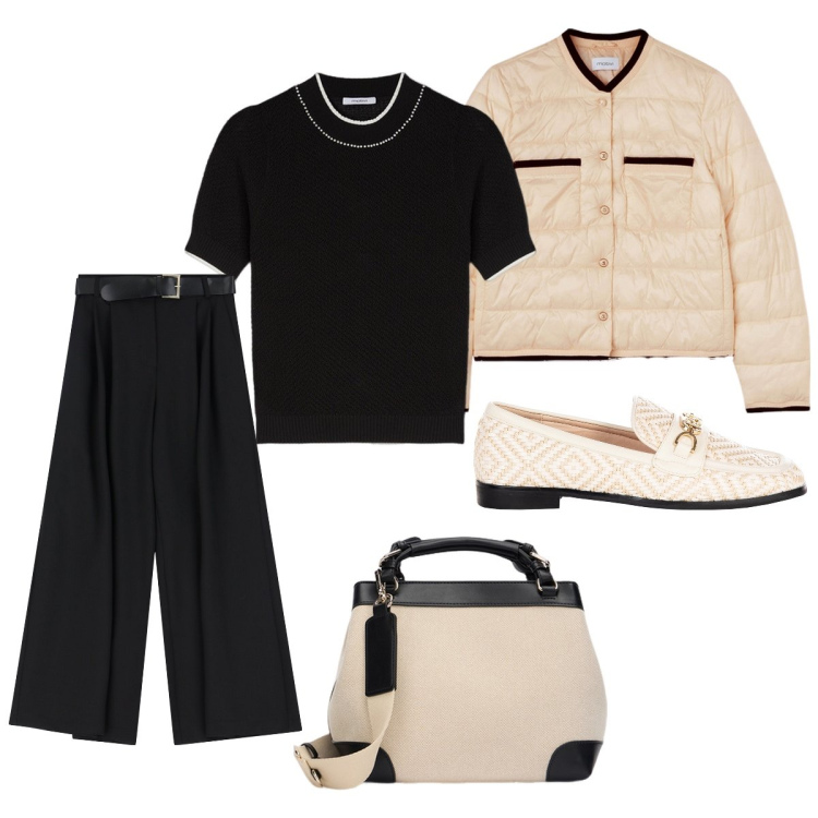 Outfit donna - Elegante. Stile Bon Ton per Tutti i giorni. Abbinamento con pantaloni a palazzo, mocassini, maglieria, piumini, borse a mano.