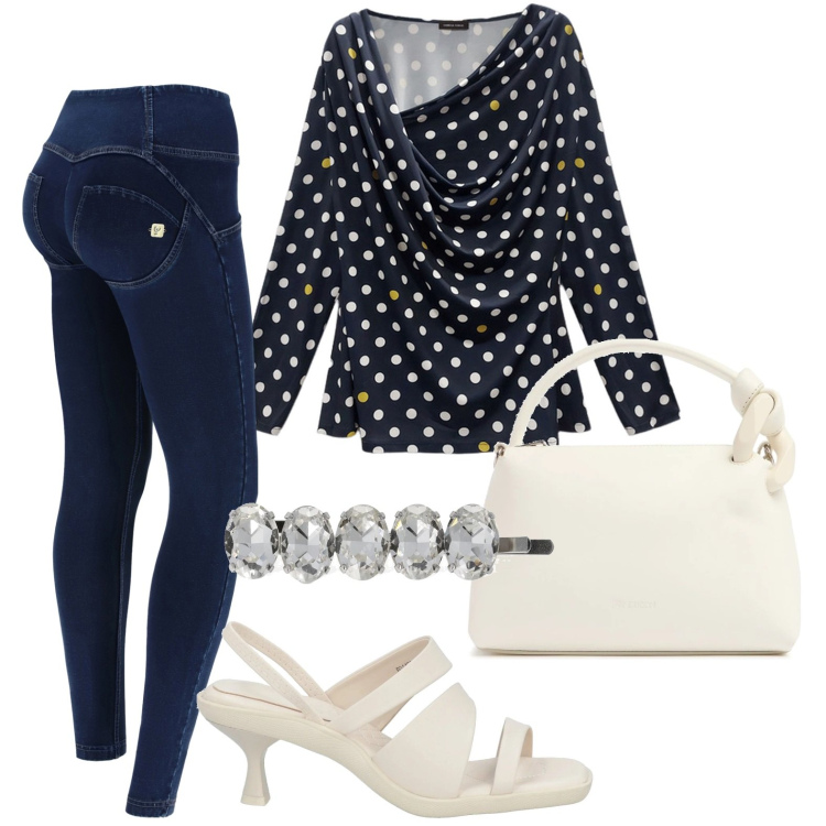 Outfit donna - Cristalli bei capelli. Stile Glamour per Tutti i giorni. Abbinamento con sandali in pelle, jeggings, accessori per capelli, t-shirt, borse a spalla.