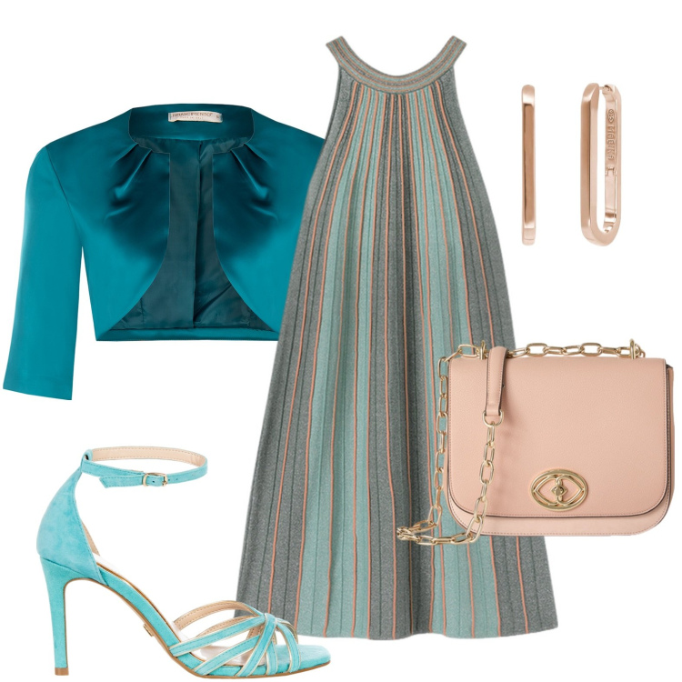 Outfit donna - Miji bress plissè. Stile Glamour per Serata fuori. Abbinamento con orecchini, bolero, sandali col tacco, vestiti corti, borse a tracolla.