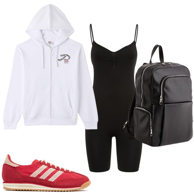 Outfit donna - Sport glam. Stile Sporty chic per Sport. Abbinamento con felpe con cappuccio, tuta corta, zaini, sneakers.