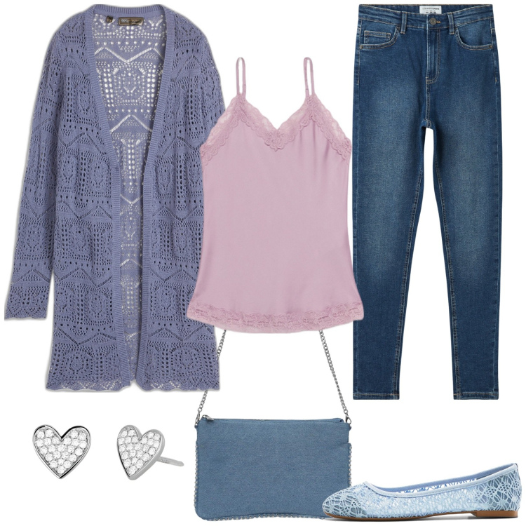 Outfit donna - Easy e comfy. Stile Casual per Tutti i giorni. Abbinamento con cardigans, ballerine, borse a tracolla, jeans skinny, orecchini, top.