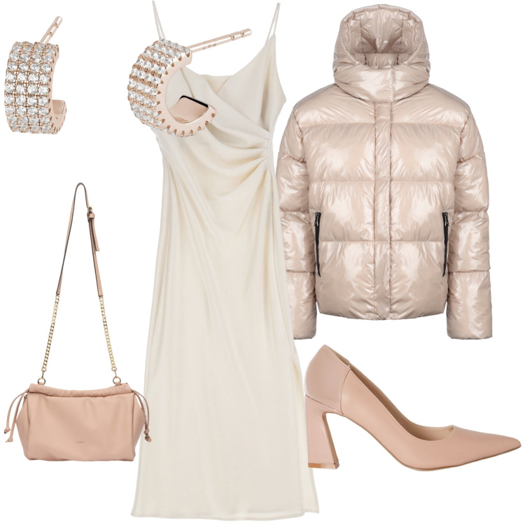Outfit donna - Serata fredda. Stile Bon Ton per Serata fuori. Abbinamento con orecchini, vestiti midi/longuette, blazer, borse a tracolla, décolleté.