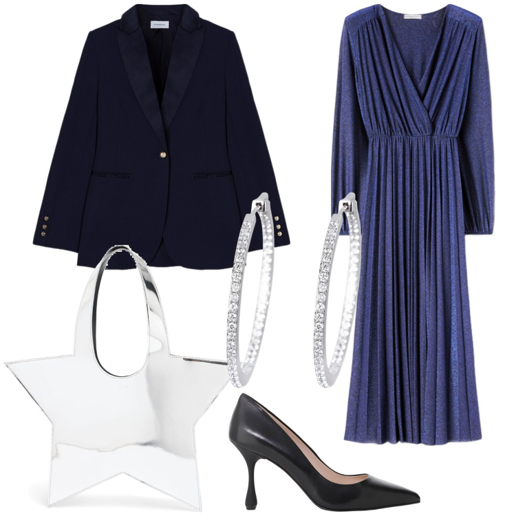 Outfit donna - Mille Motivi per serata sotto le stelle. Stile Glamour per Serata fuori. Abbinamento con orecchini, décolleté, borse a tracolla, vestiti midi/longuette, blazer.