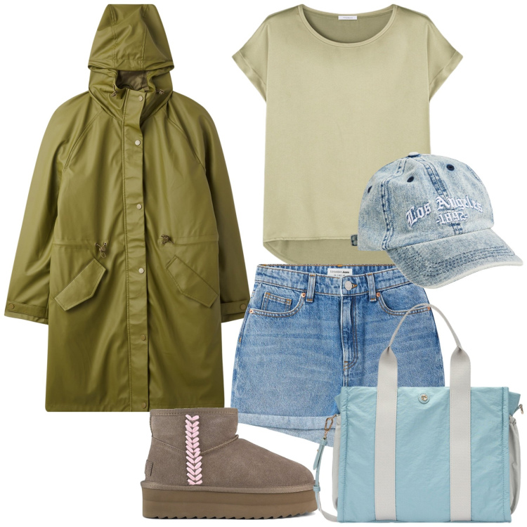 Outfit donna - Un acquazzone. Stile Trendy per Tutti i giorni. Abbinamento con cappotti, shorts, cappelli con visiera, borse tote, t-shirt, stivaletti.