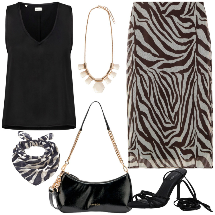 Outfit donna - Elegante al cinema. Stile Glamour per Serata fuori. Abbinamento con foulard, gonne lunghe, sandali alla schiava, top, collane, borse a tracolla.