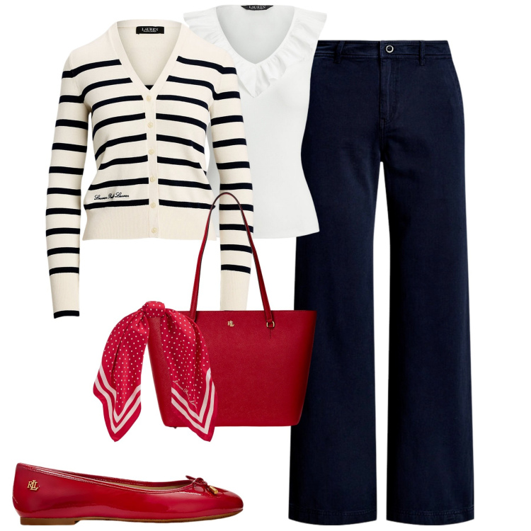 Outfit donna - Le ballerine rosse Ralph Lauren. Stile Casual chic per Tutti i giorni. Abbinamento con pantaloni, borse tote, ballerine, cardigans, foulard, top.