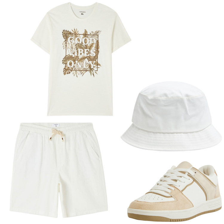 Outfit uomo - Aspettando il sole. Stile Casual per Tutti i giorni. Abbinamento con shorts, cappelli, t-shirt, sneakers.