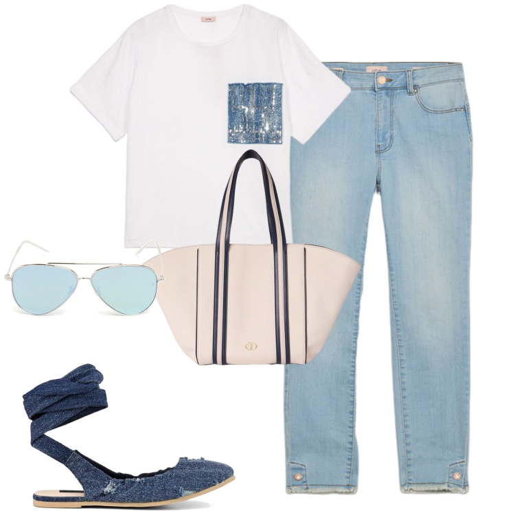 Outfit donna - Colors of California. Stile Casual per Tutti i giorni. Abbinamento con ballerine, jeans skinny, occhiali da sole, shopping bag, t-shirt.