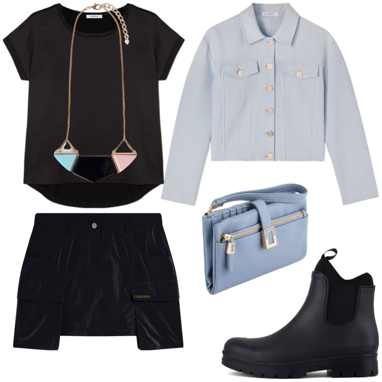 Outfit donna - Total look #2101954. Stile Trendy per Serata fuori. Abbinamento con minigonne, stivali, t-shirt, portafogli, ciondoli, blazer.