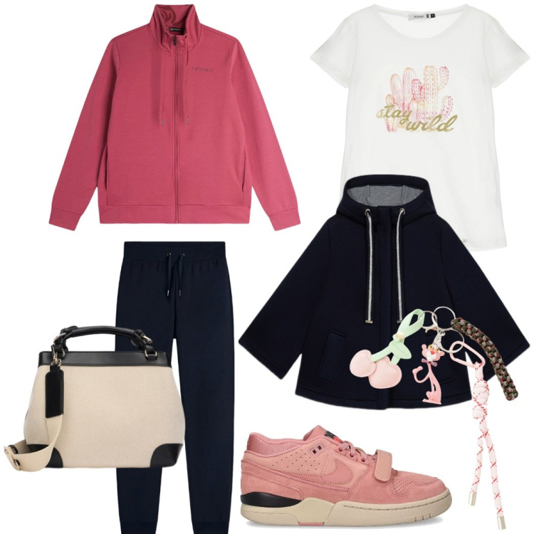 Outfit donna - Passeggiata in centro. Stile Sporty chic per Tutti i giorni. Abbinamento con t-shirt, tute, portachiavi, cappe, sneakers, borse a mano.