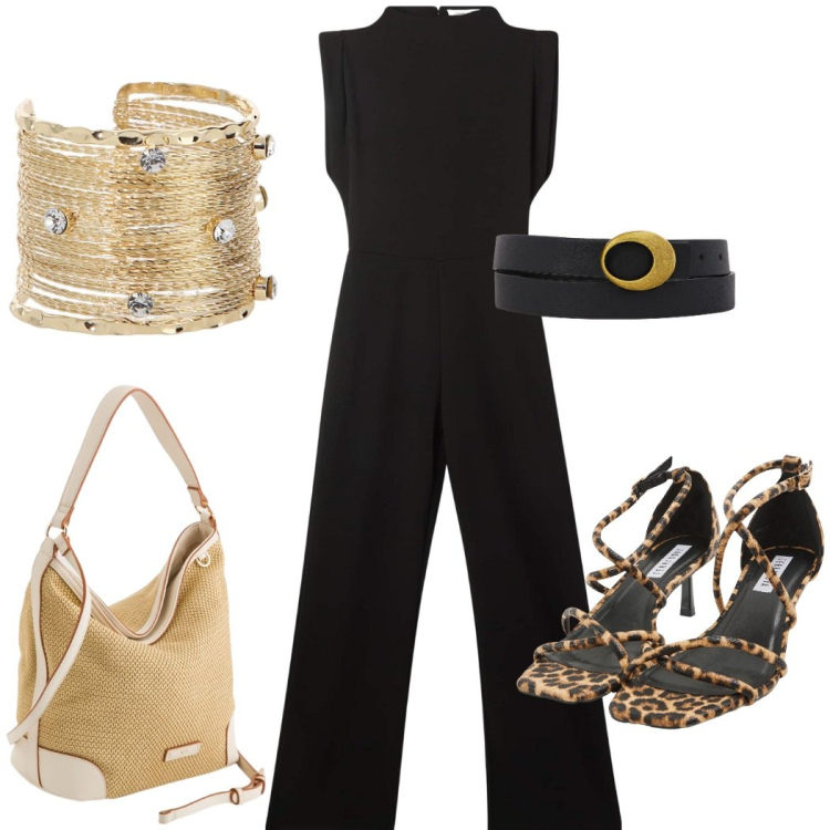 Outfit donna - La tuta giorno e sera. Stile Casual chic per Tutti i giorni. Abbinamento con sandali col tacco, tute, braccialetti, cinture, borse a tracolla.