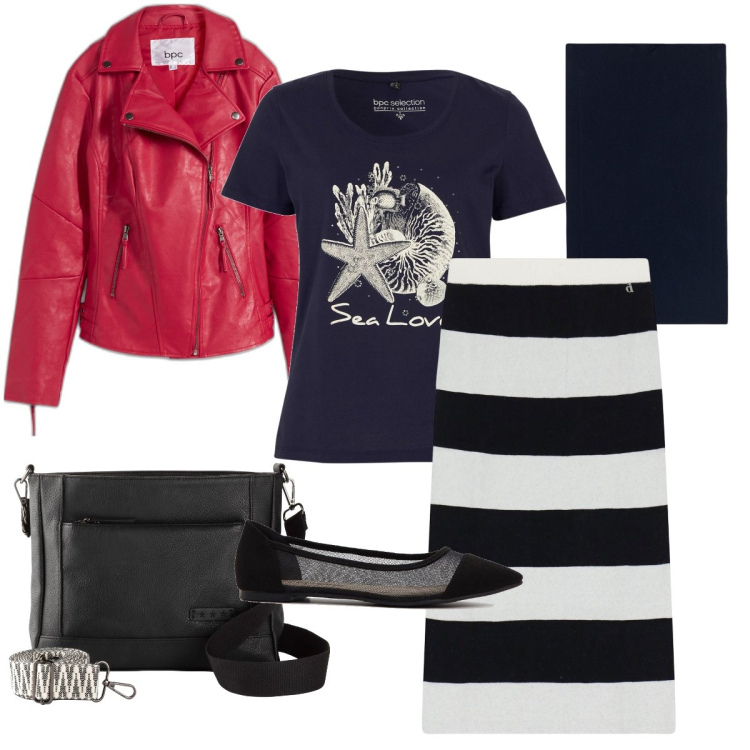 Outfit donna - Il chiodo rosso. Stile Trendy per Tutti i giorni. Abbinamento con t-shirt, borse a tracolla, blazer, ballerine, gonne longuette, sciarpe.