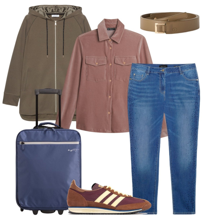Outfit donna - In viaggio. Stile Basic per Tutti i giorni. Abbinamento con camicie, jeans skinny, sneakers, felpe con cappuccio, valigie, cinture.