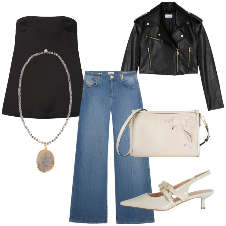 Outfit donna - Total look #2101995. Stile Trendy per Serata fuori. Abbinamento con top, décolleté, jeans, ciondoli, blazer, borse a tracolla.