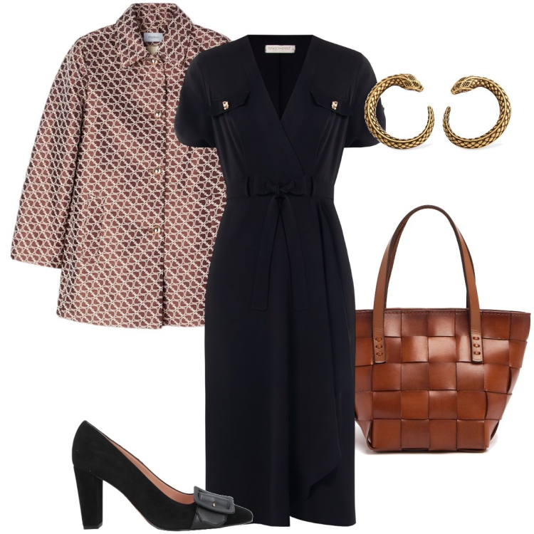 Outfit donna - Il cappotto a fantasia. Stile Bon Ton per Ufficio. Abbinamento con décolleté, vestiti chemisier, borse a mano, cappotti, orecchini.