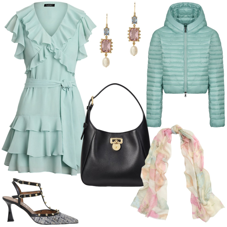 Outfit donna - Primavera con stile. Stile Romantica per Serata fuori. Abbinamento con décolleté, borse a tracolla, orecchini, sciarpe, vestiti, piumini.