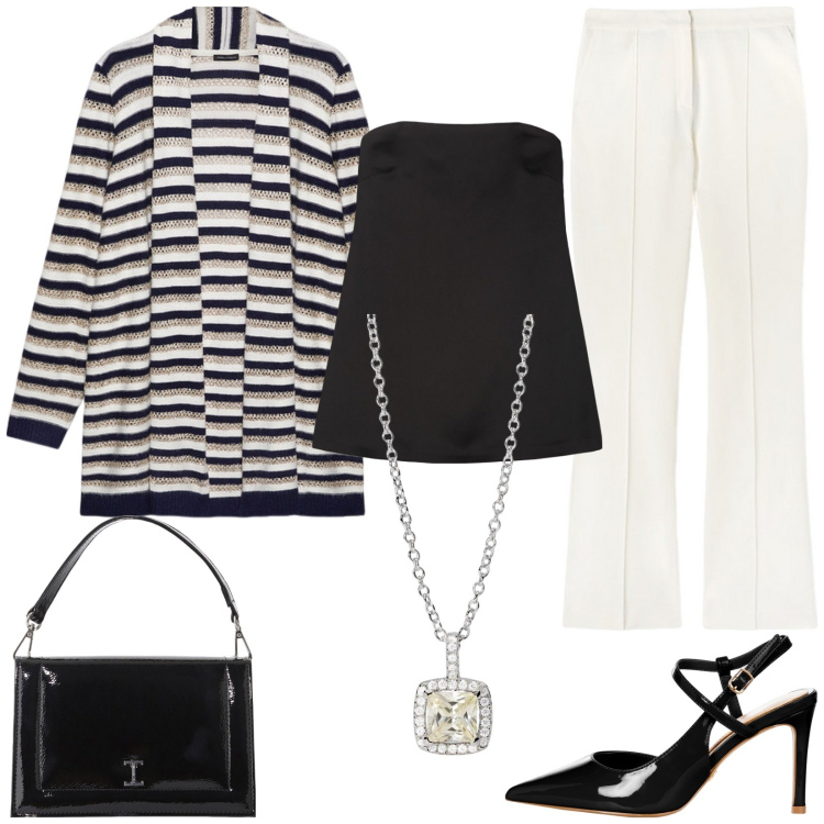 Outfit donna - Maxi righe e décolleté. Stile Casual chic per Tutti i giorni. Abbinamento con collane, décolleté, borse a tracolla, top, cardigans, pantaloni.