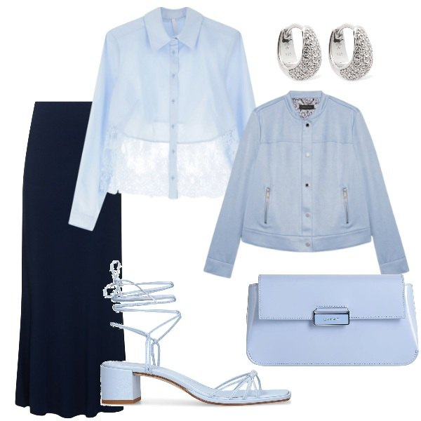 Outfit donna - Compleanno in serata. Stile Glamour per Serata fuori. Abbinamento con borse a mano, camicie, blazer, sandali in pelle, orecchini, gonne longuette.