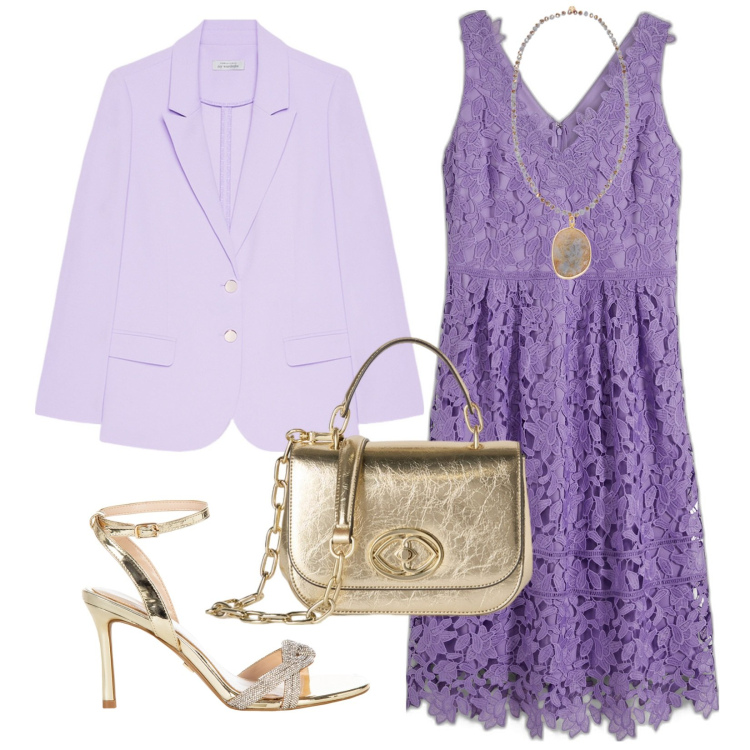 Outfit donna - Glicine. Stile Bon Ton per Cerimonia. Abbinamento con vestiti, sandali col tacco, blazer, ciondoli, borse a tracolla.
