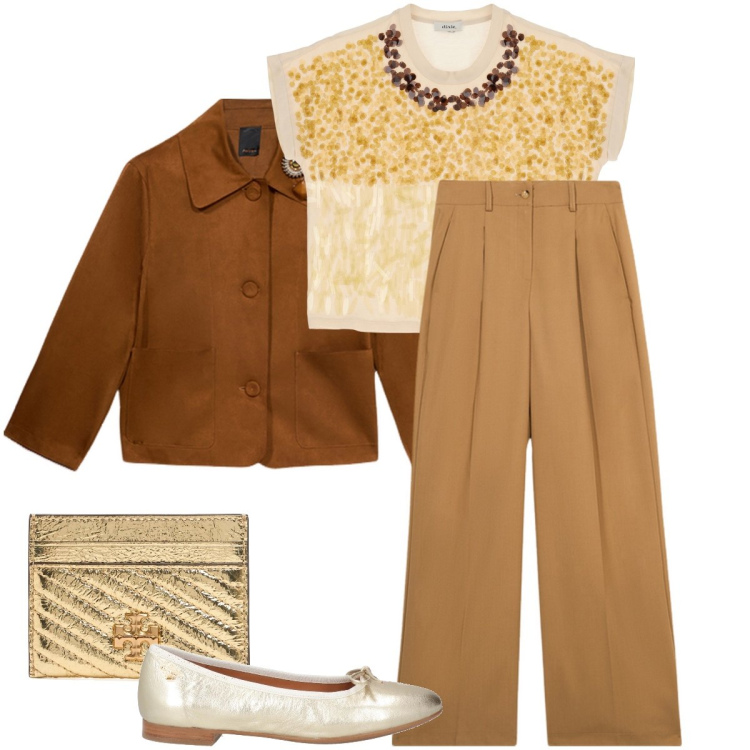 Outfit donna - La t-shirt decorata. Stile Bon Ton per Ufficio. Abbinamento con ballerine, t-shirt, blazer, pantaloni a palazzo, portafogli.