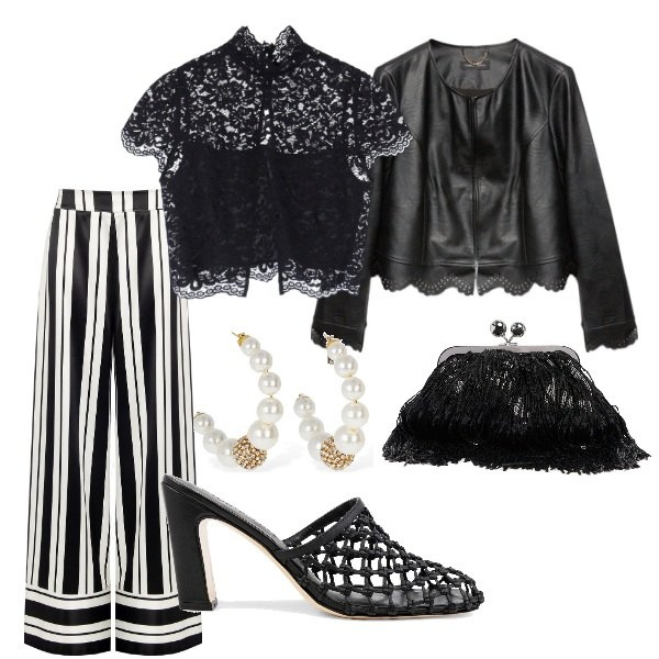 Outfit donna - Matrimonio di sera. Stile Glamour per Cerimonia. Abbinamento con pantaloni a palazzo, top, blazer, pantofole, orecchini, pochette.