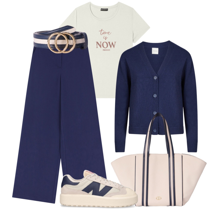 Outfit donna - Total blu navy e panna. Stile Casual chic per Tutti i giorni. Abbinamento con t-shirt, pantaloni, cardigans, sneakers, shopping bag, cinture.