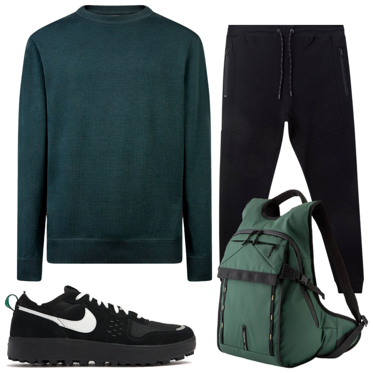 Outfit uomo - Cotone in relax. Stile Casual per Tutti i giorni. Abbinamento con pantaloni sportivi, maglieria, sneakers, borse sportive.