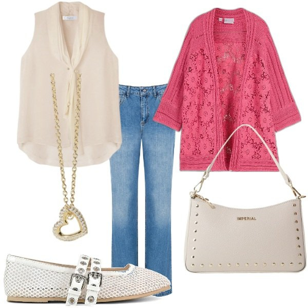 Outfit donna - Passeggiando al parco. Stile Casual chic per Tutti i giorni. Abbinamento con cardigans, collane, jeans, borse a spalla, ballerine, bluse.