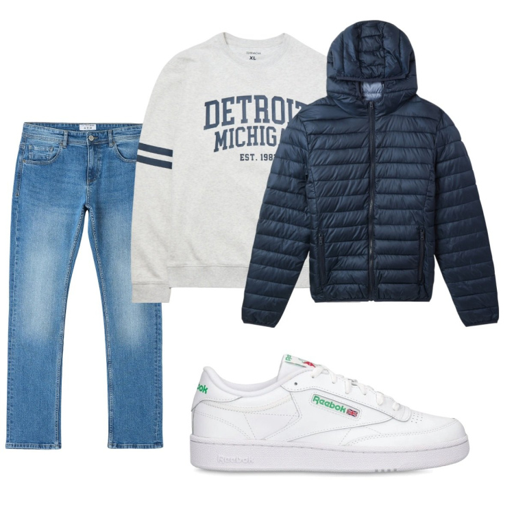 Outfit uomo - Total look #2102045. Stile Casual per Tutti i giorni. Abbinamento con piumini, jeans dritti, felpe, sneakers.
