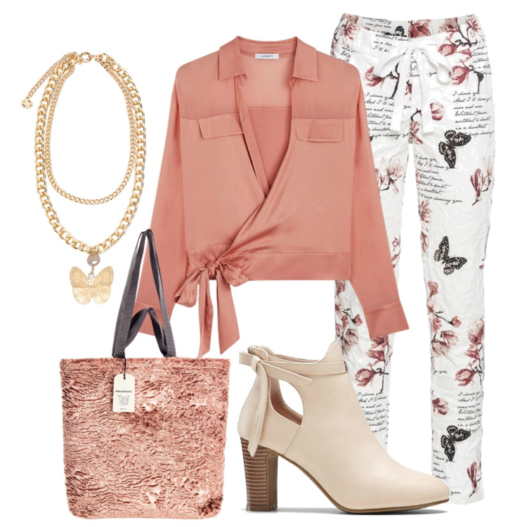 Outfit donna - La farfalla protagonista. Stile Casual chic per Ufficio. Abbinamento con stivaletti, pantaloni, borse tote, collane, camicie.