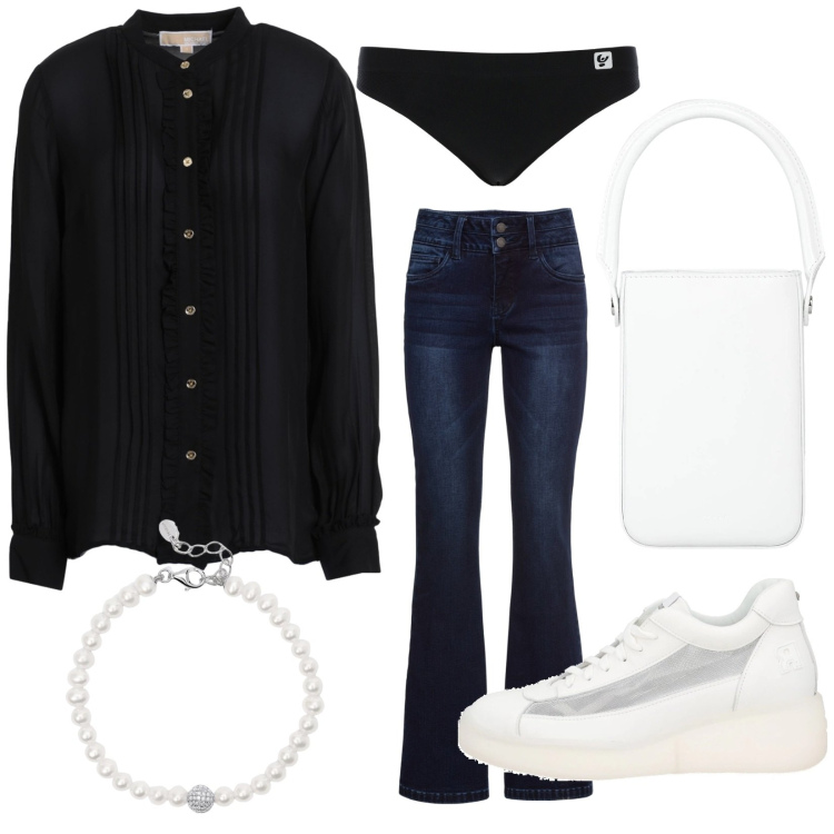 Outfit donna - Total look #2102049. Stile Casual chic per Tutti i giorni. Abbinamento con jeans bootcut, sneakers, camicie, borse a mano, braccialetti, slip.