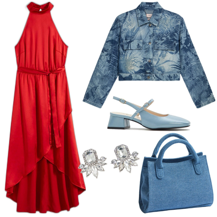 Outfit donna - Aperitivo glam low cost. Stile Trendy per Serata fuori. look ideale per Tall. Abbinamento con décolleté, vestiti, borse a tracolla, orecchini, blazer.